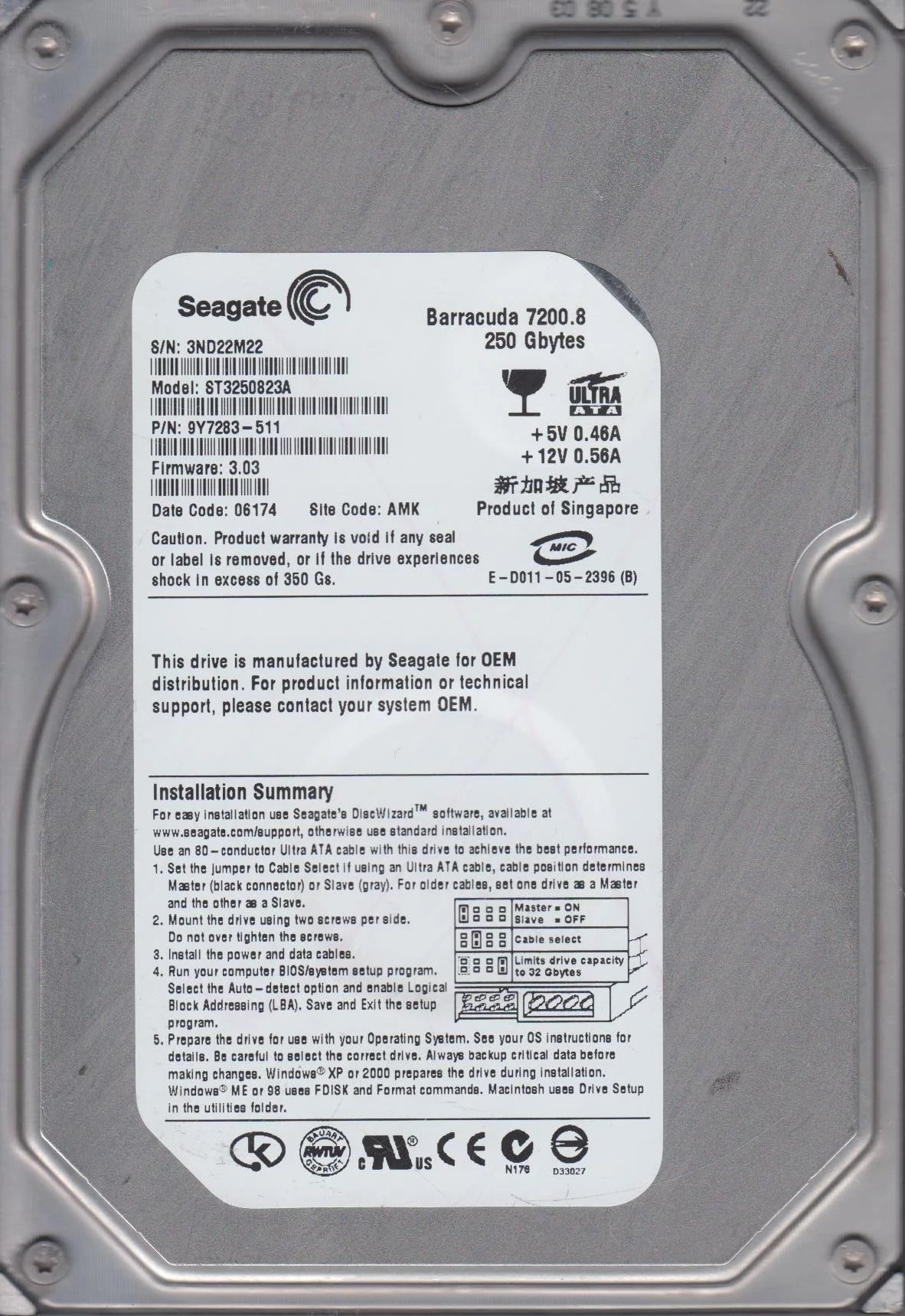 ST3250823A, 3ND, AMK, PN 9Y7283-511, FW 3.03, Seagate 250GB IDE 3.5 Hard Drive