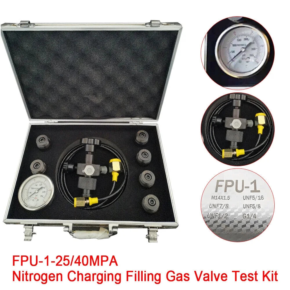 Pressure Test Set, 7in1 Hydraulic Accumulator Nitrogen Charging Filling Gas Valve Test Kit FPU-1-25
