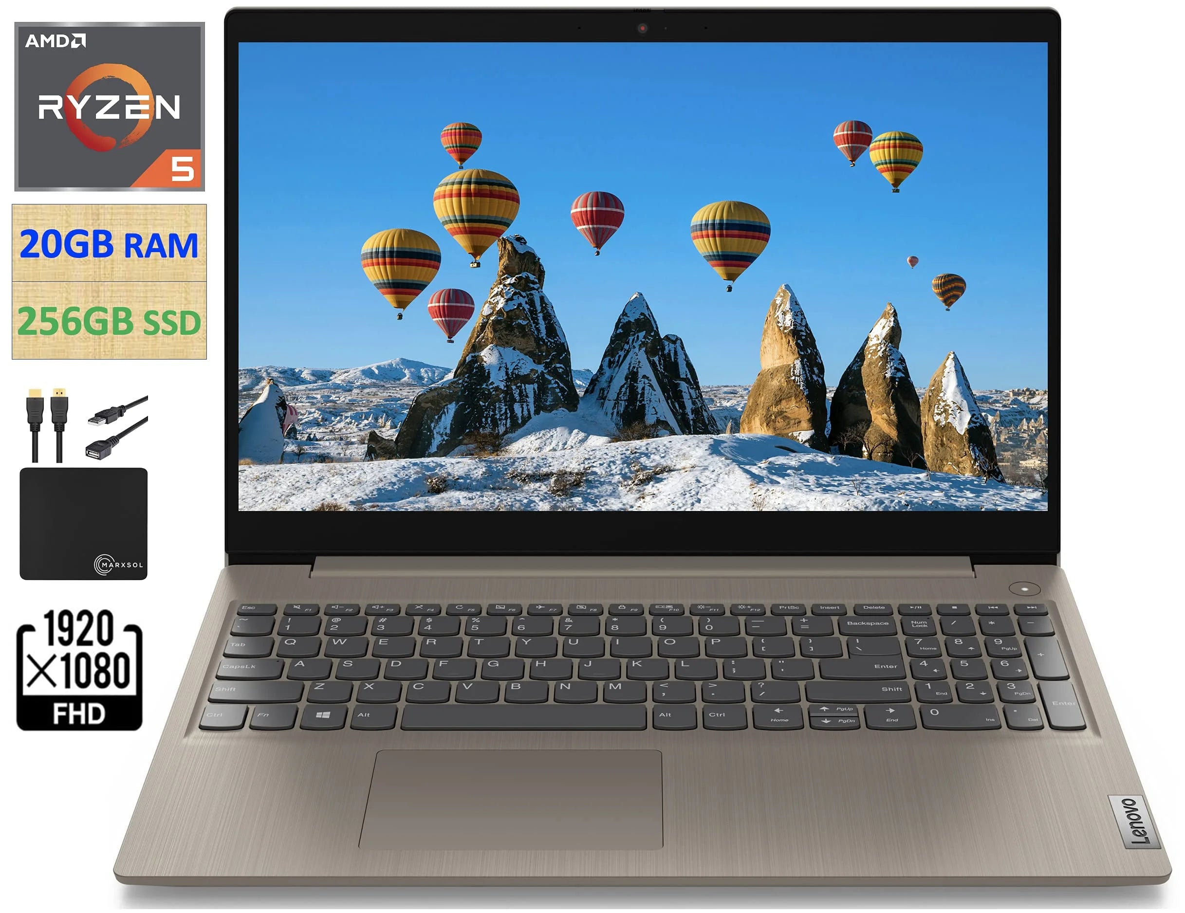 2021 Newest Lenovo IdeaPad 3 15.6 FHD Screen Laptop Computer, Quad-Core AMD Ryzen 5 3500U Up to 3.7GHz (Beats i7-8550U), 20GB DDR4 RAM, 256GB NVMe SSD, Webcam, WiFi, HDMI, Windows 10 + Marxsol Cables