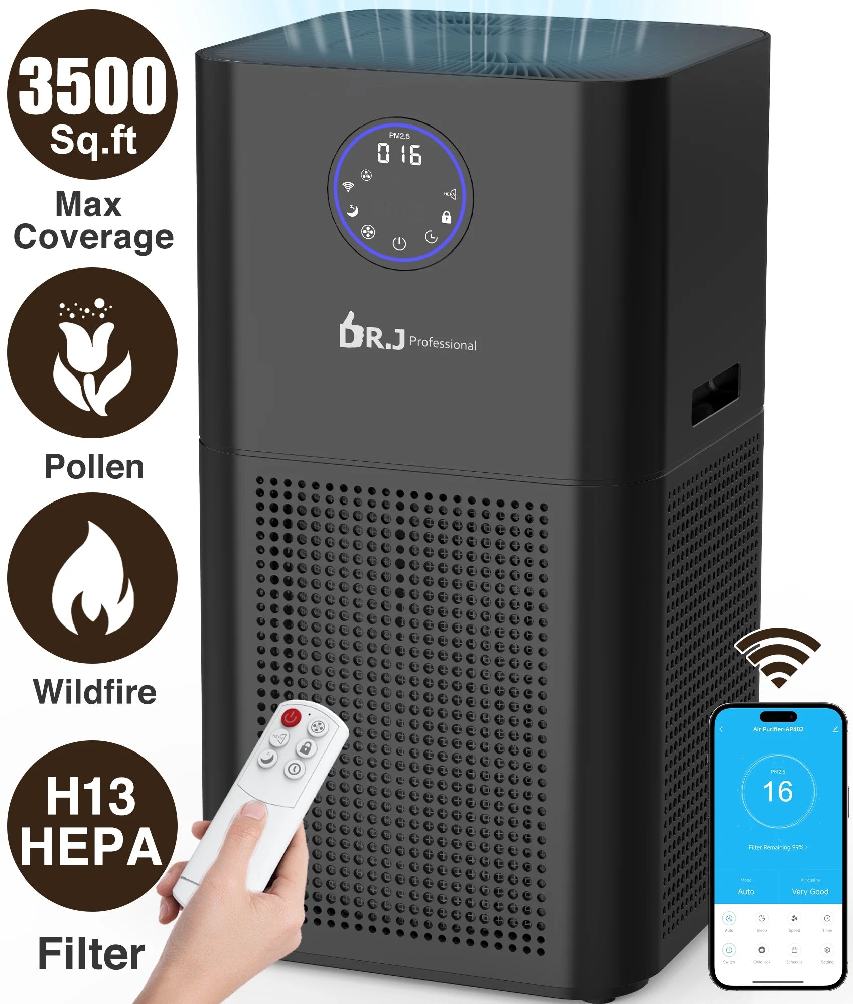 DR. J Professional HEPA Air Purifier for Large Rooms 3500 Sq.ft, WiFi Air Purifiers for Allergies and Asthma, Pollen, Wildfire, Smoke, Pet Dander&Odor, Dust