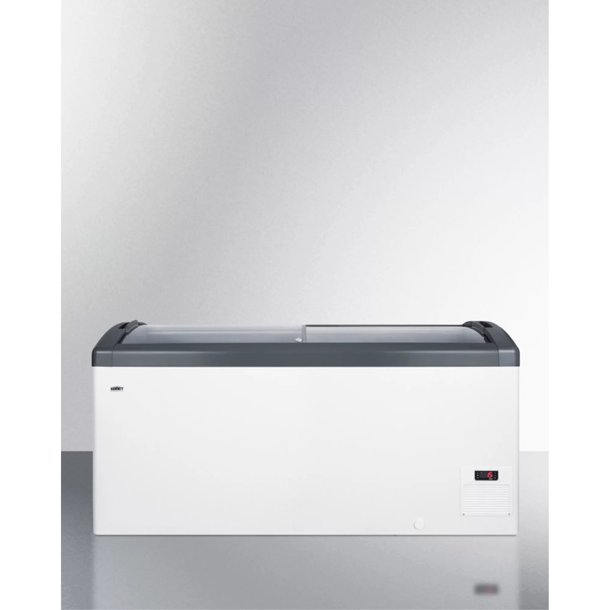 Curved top commercial ice cream freezer made in Denmark, with sliding glass lid, digital thermostat, novelty baskets, and 14.8 cu.ft. interior