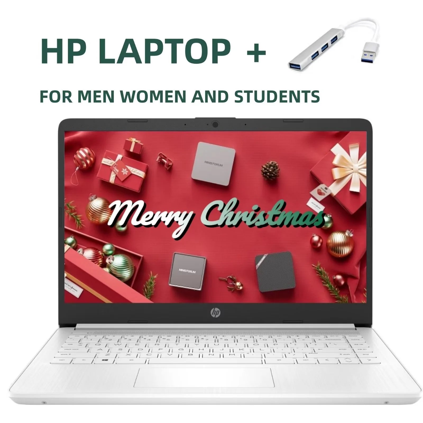 HP 14 Laptop with Ultral Light, Intel Quad-Core N4120 Processor, 16GB RAM, 320GB Storage(64GB eMMC+256GB MSD), UHD Graphics, 12H Battery Life, Webcam, HDMI, WiFi, Windows 11 S, USBHUB, White