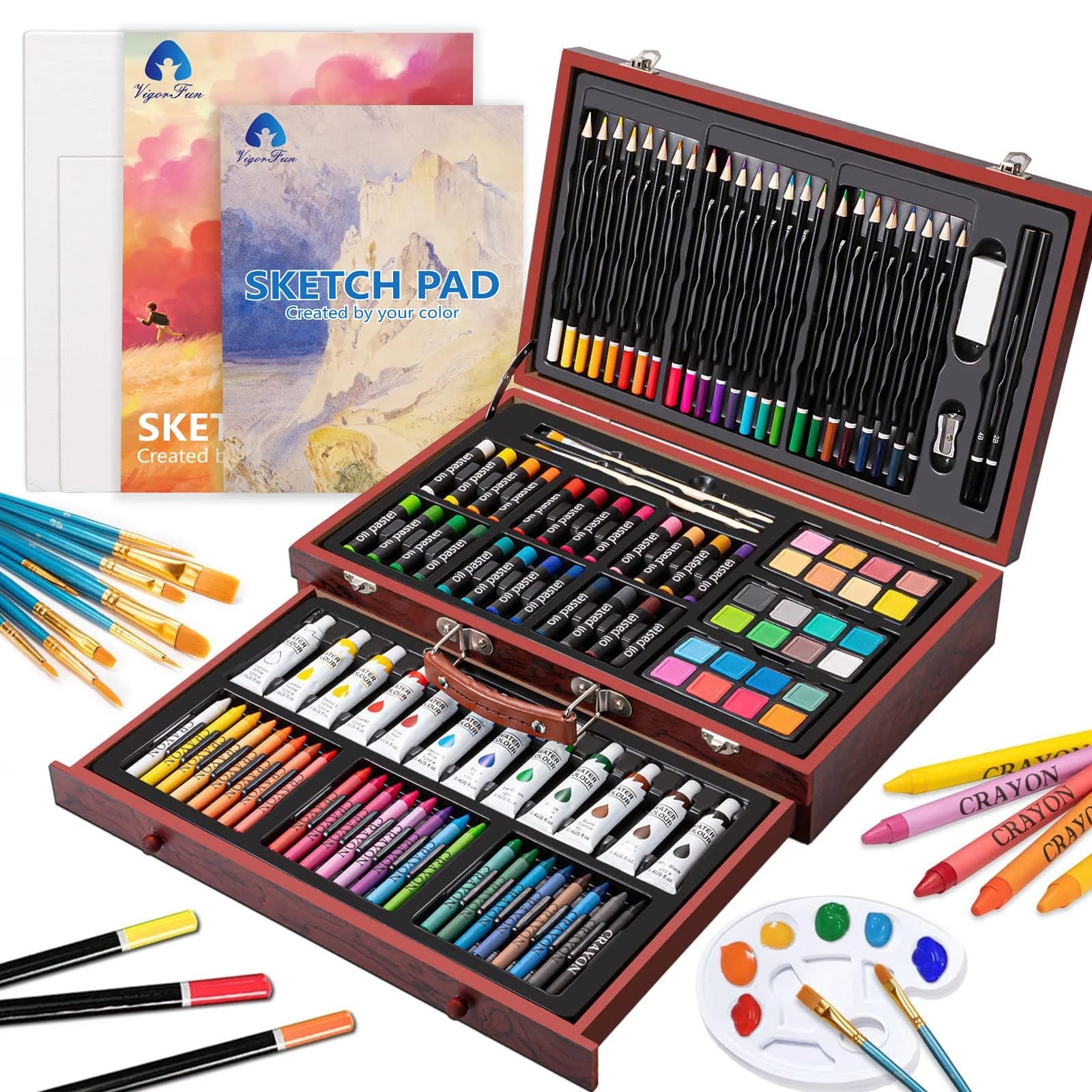 Creative Art Set - Deluxe Wooden Crafts Drawing Painting Kit with Watercolor Paints, Brushes, Sketch Pads, Canvas Boards, Palette - Perfect Gift for Adults, Teens, Kids, Beginners - Art Supplies