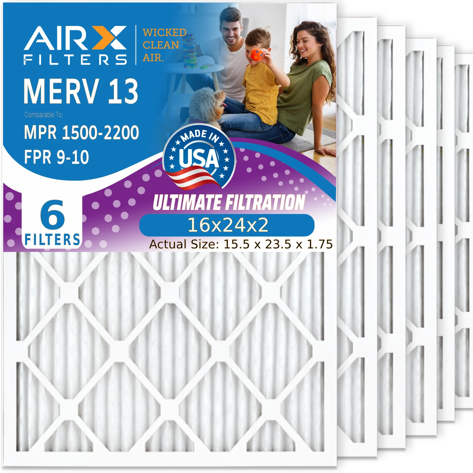 16x24x2 Air Filter MERV 13 Comparable to MPR 1500 - 2200 & FPR 9 Electrostatic Pleated Air Conditioner Filter 6 Pack HVAC AC Premium USA Made 16x24x2 Furnace Filters by AIRX FILTERS WICKED CLEAN AIR.