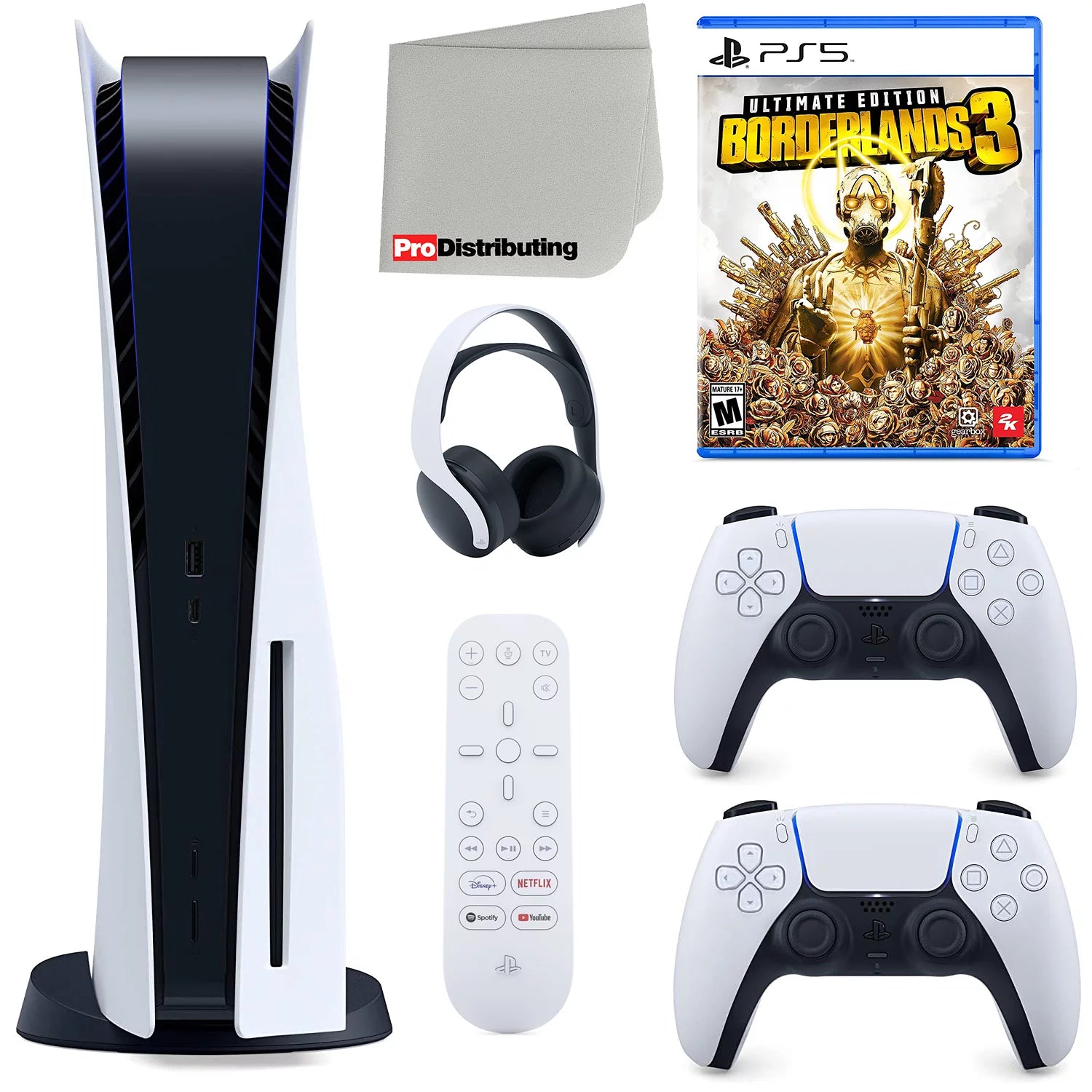 Sony Playstation 5 Disc Version (Sony PS5 Disc) with White Extra Controller, Headset, Media Remote, Borderlands 3 Ultimate Edition and Microfiber Cleaning Cloth Bundle