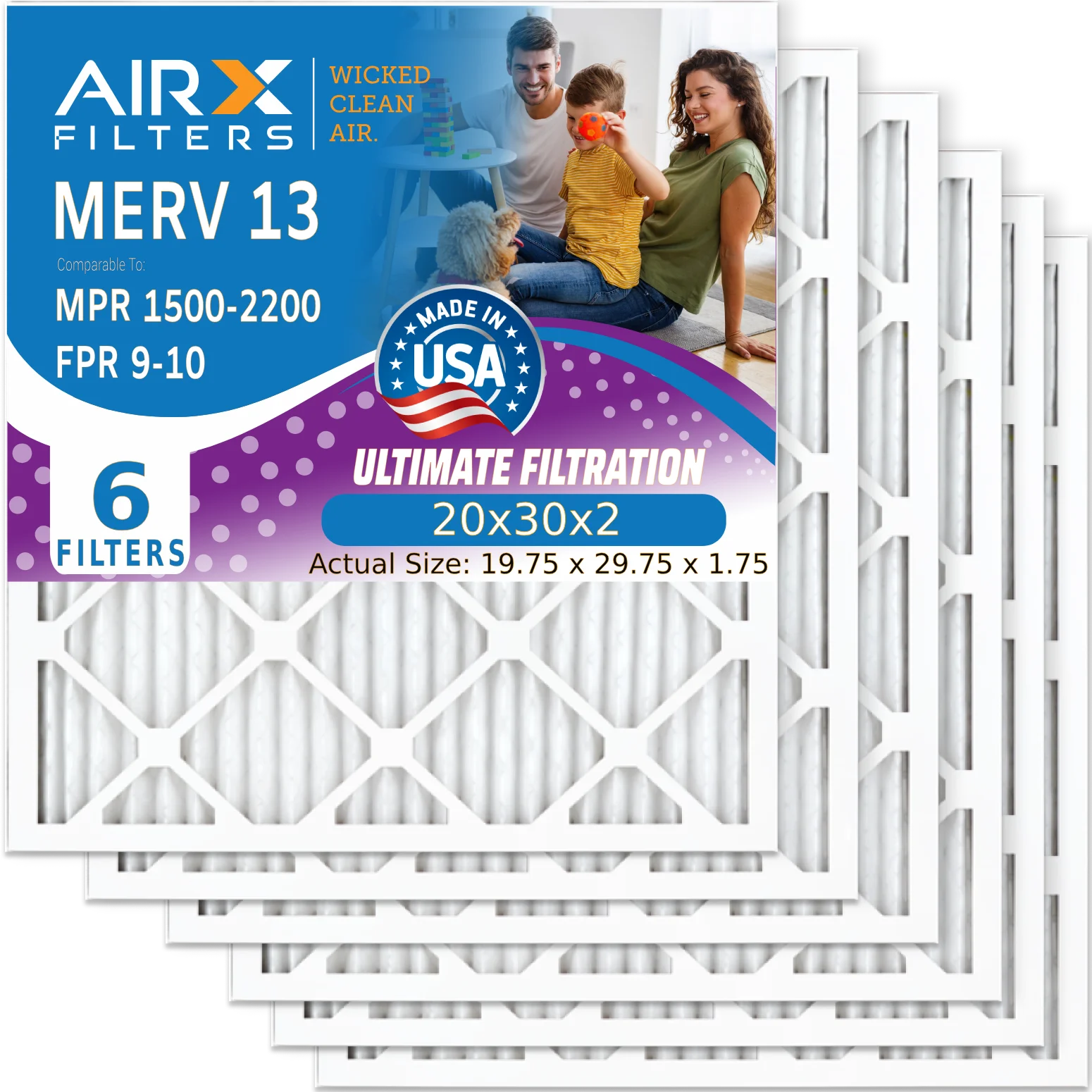 20x30x2 Air Filter MERV 13 Comparable to MPR 1500 - 2200 & FPR 9 Electrostatic Pleated Air Conditioner Filter 6 Pack HVAC AC Premium USA Made 20x30x2 Furnace Filters by AIRX FILTERS WICKED CLEAN AIR.
