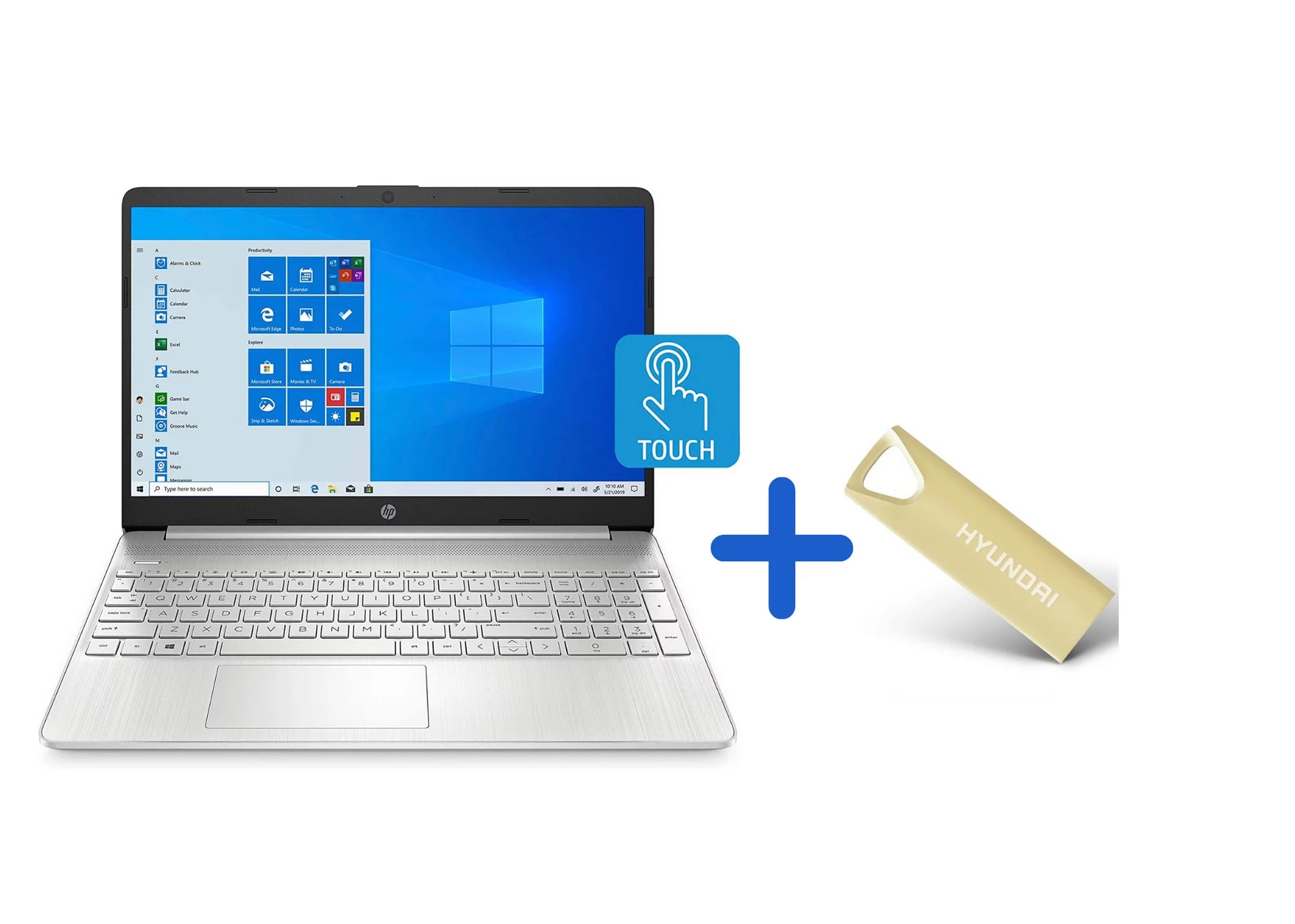 Bundle HP 15.6 HD Touchscreen Laptop AMD Ryzen 3 3250U 4GB 256GB SSD WinHom 10S Silver(15-ef1041nr) w/ Hyundai Bravo Deluxe 32GB USB