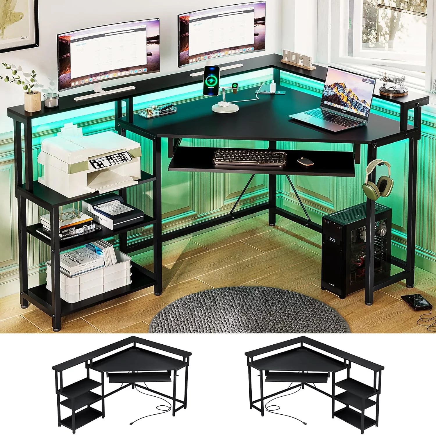 Afuhokles Corner Desk, Small Computer Desk with Power Outlets, Gaming Desk with LED Lights, Home Office Desk with Storage for Small Space, Black