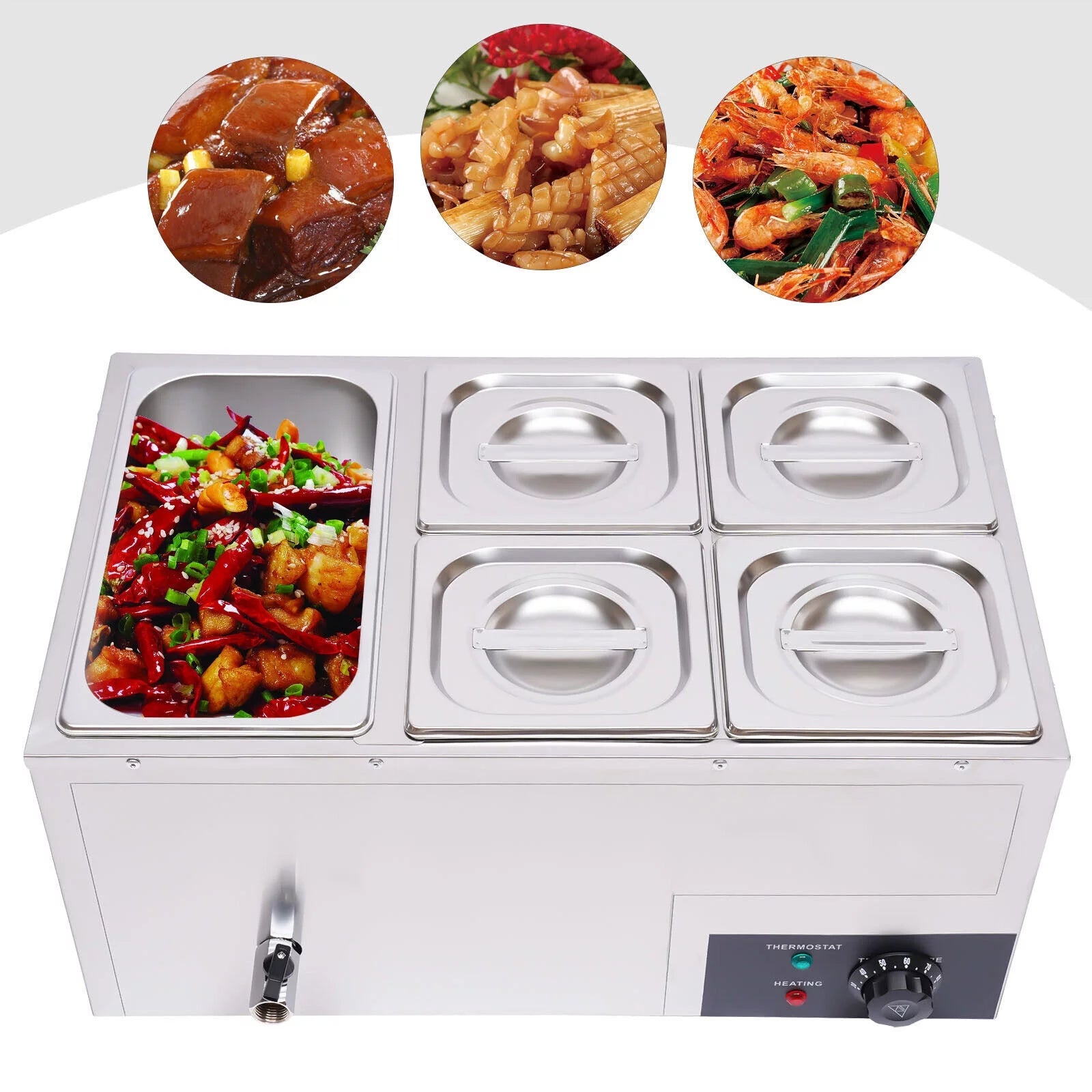 Fichiouy 600W Commercial Food Warmer 201 Stainless Steel Buffet Food Warmer with 5-Pan Silver