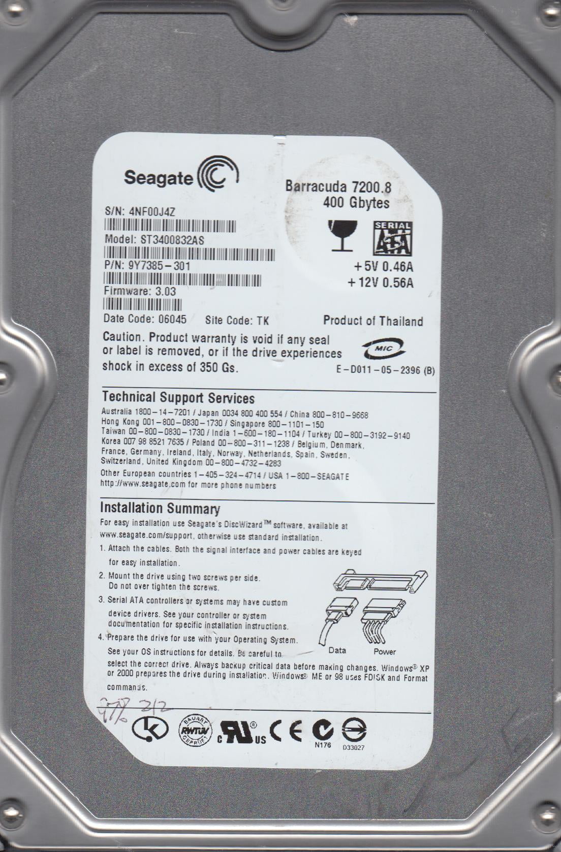 ST3400832AS, 4NF, TK, PN 9Y7385-301, FW 3.03, Seagate 400GB SATA 3.5 Hard Drive