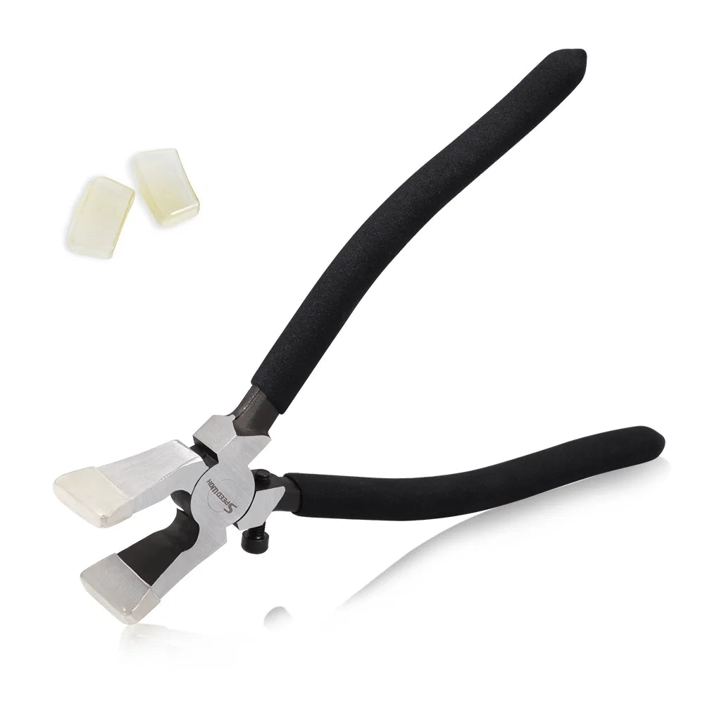 SPEEDWOX Glass Running Pliers with 2 Pair of Rubber Tips Black Professional Glass Breaking Tool for Stained Glass Work Key Fob Curved Jaws Pliers Mosaics Breaking Tool