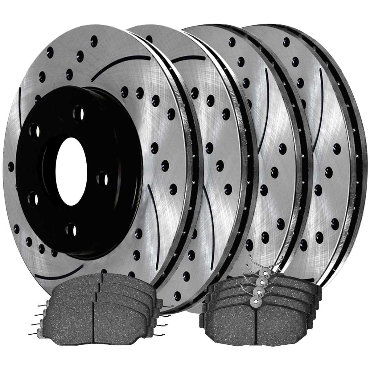AutoShack Front and Rear Drilled Slotted Brake Rotors Black and Ceramic Pads Kit Replacement for 2005 2006 2007 2008 2009 2010 Ford Mustang 4.6L V8 RWD