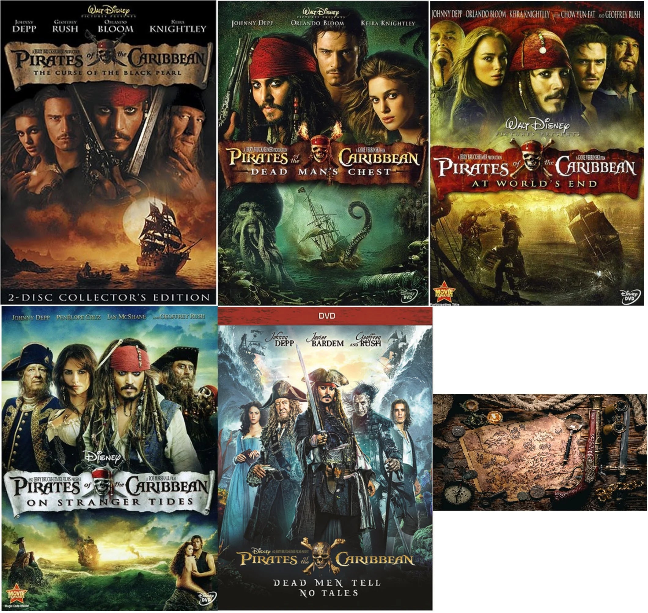 Pirates of The Caribbean 5 DVD Collection One 1 Two 2 Three 3 Four 4 Five 5 Johnny Depp Includes Treasure Map Glossy Print Art Card