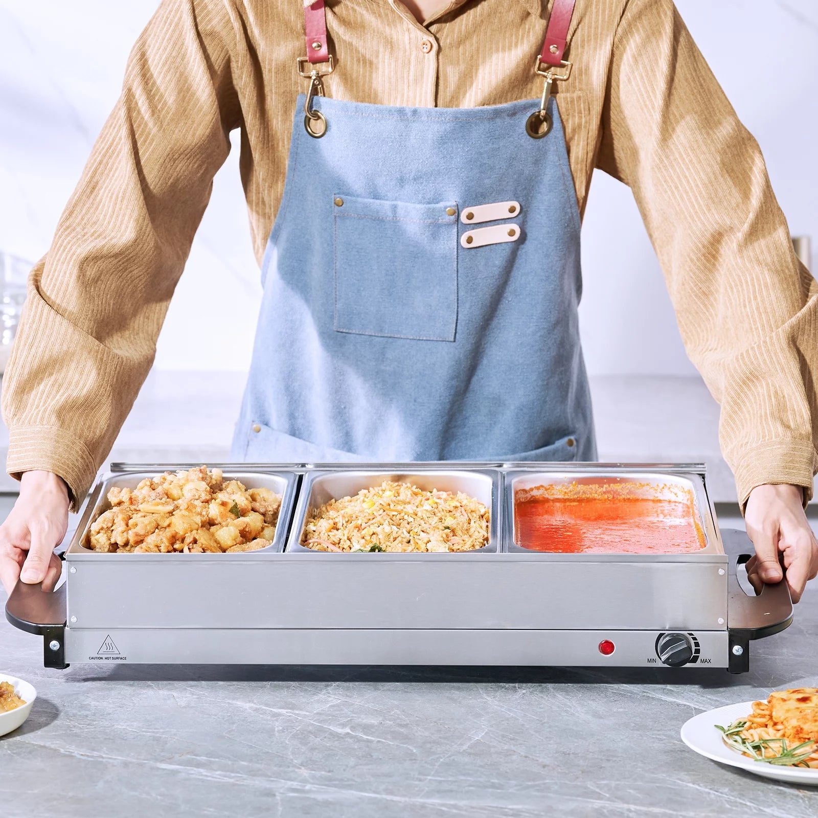 BENTISM 25.6 x 15 Electric Food Buffet Server, Buffet Server Food Warmer with 3 Stainless Steel Warming Pan, Warm Tray for Buffet, Electric Food Warm Tray