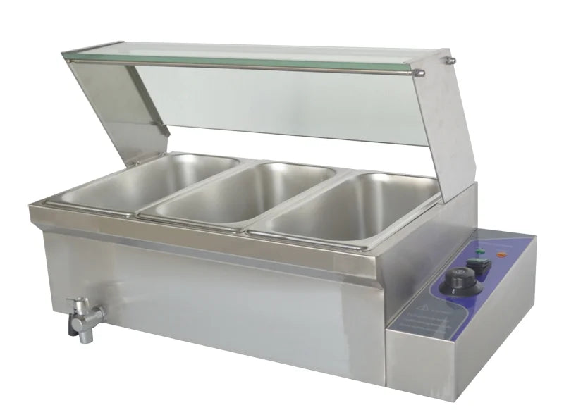 TECHTONGDA Electric Commercial Bain-marie Buffet Food Warmer Steam Table with Glass Guard 3-Pan 6 Deep Pan