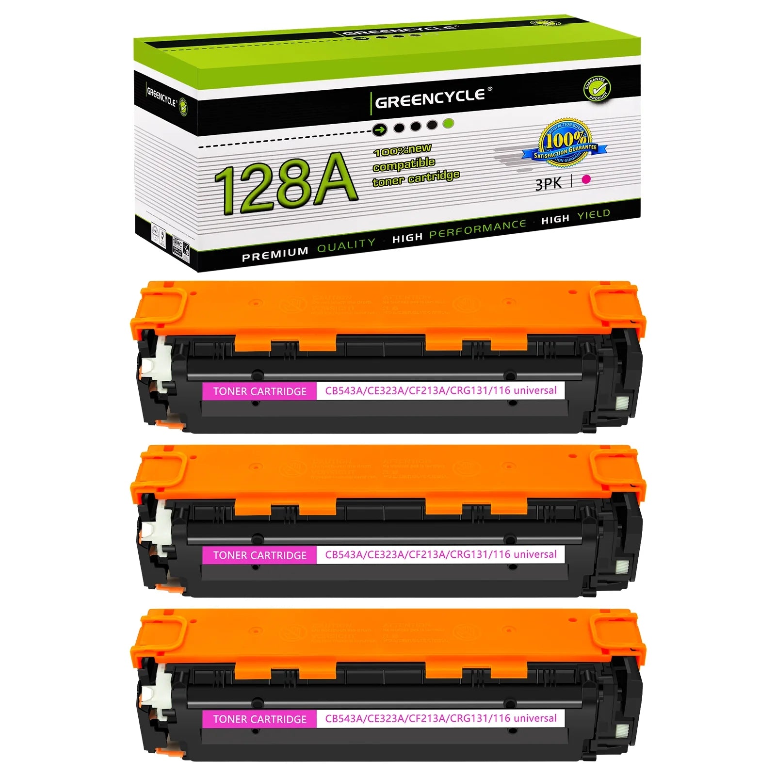 greencycle Compatible Toner Cartridge Replacement for HP 128A CE323A to use in LaserJet Pro CM1415fn CM1415fnw CP1525nw Color MFP Series Printer - 3 Pack CE323A, Magenta