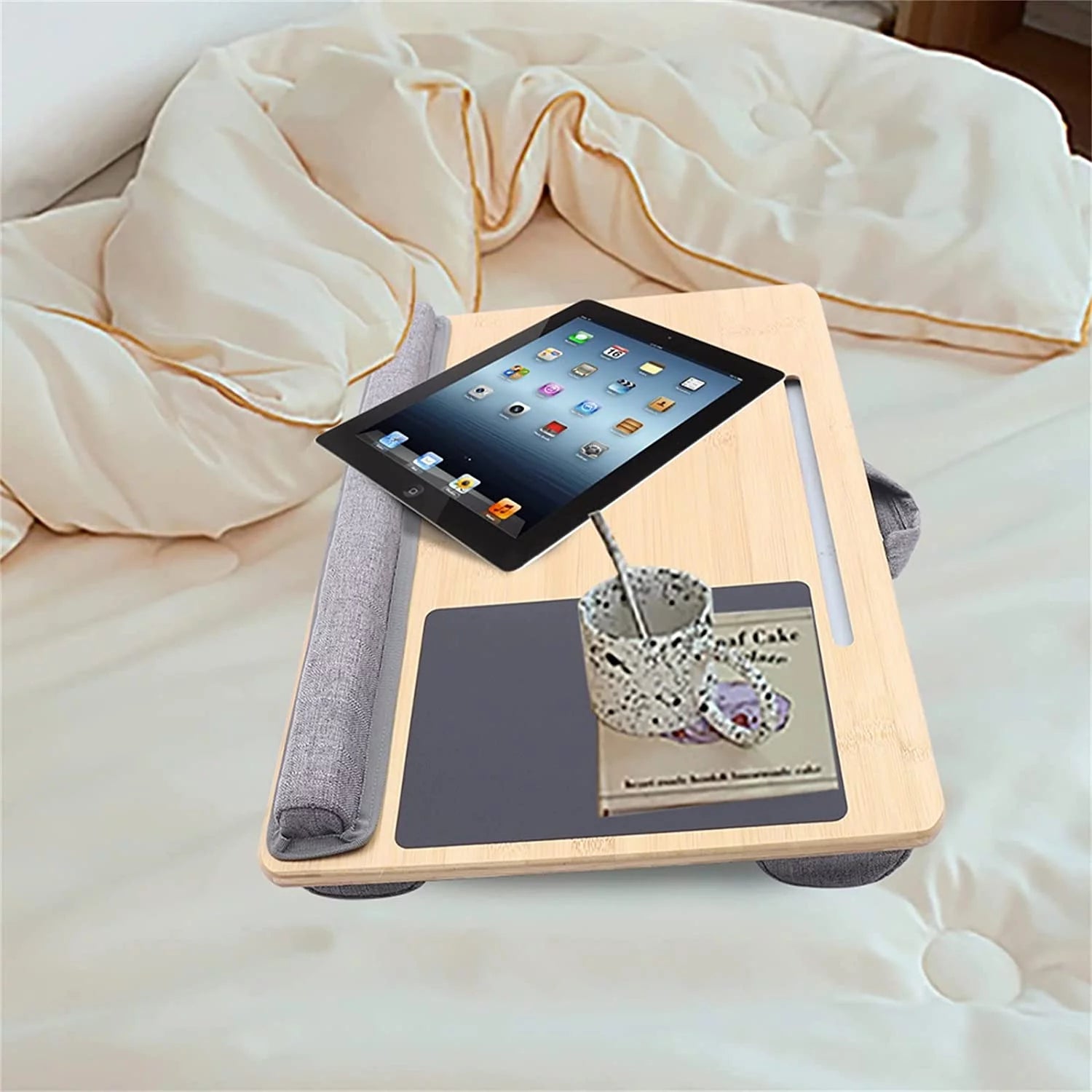 Fichiouy Portable Bamboo Laptop Desk Table Bed Serving Tray W/Built in Mouse Pad Ledge