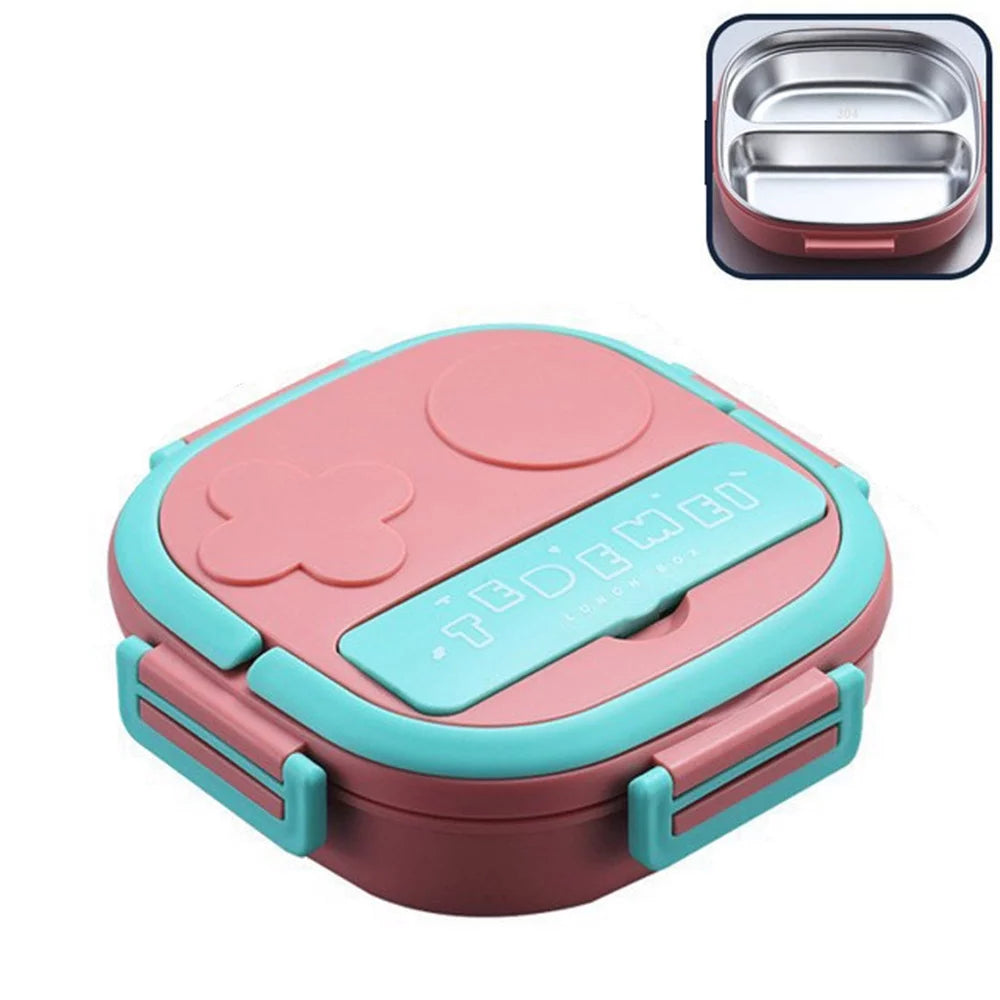 Two Grid Portable School Lunch Box Bento Thermal Food Container Stainless Steel Square Lunch Box for Healthy Travel Office for Girls Boys,Pink,Small