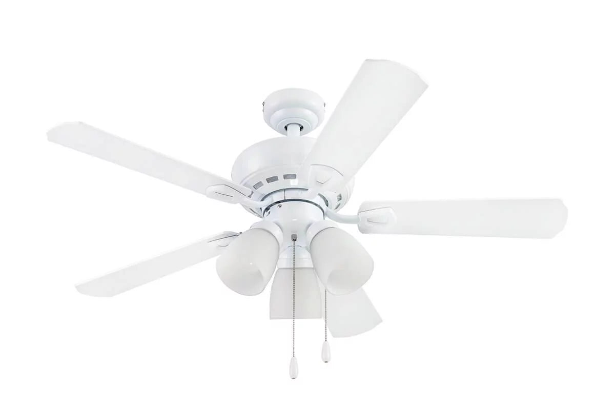 Prominence Home Miller Park 44 White Ceiling Fan with 5 Blades, 3 Arm Frosted Glass Light Kit, Pull Chains & Reverse Airflow