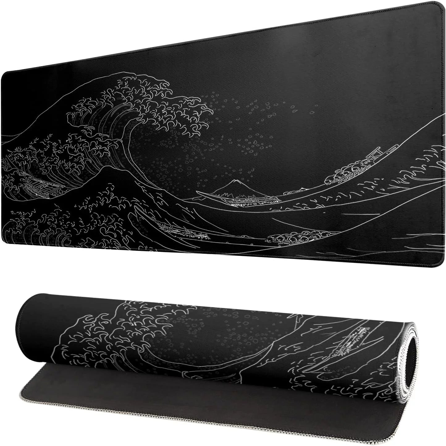 IZEYNO Japanese Sea Wave Large Mouse Pad, Gaming Keyboard Mat, Non-Slip Rubber Base Mice Pad - Black Wave of Kanagawa