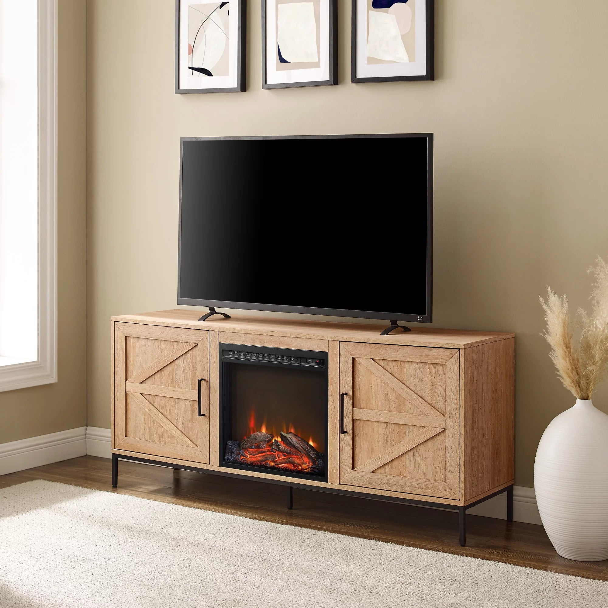 Walker Edison 58¡± Modern Rustic Electric Fireplace TV Stand, Coastal Oak