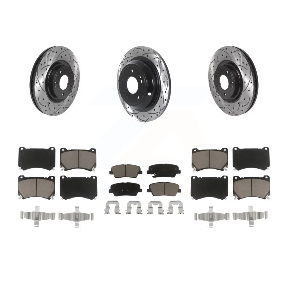 Transit Auto - Front Rear Coated Drilled Slotted Disc Brake Rotors And Ceramic Pads Kit For Hyundai Genesis 4.6L KDC-100413