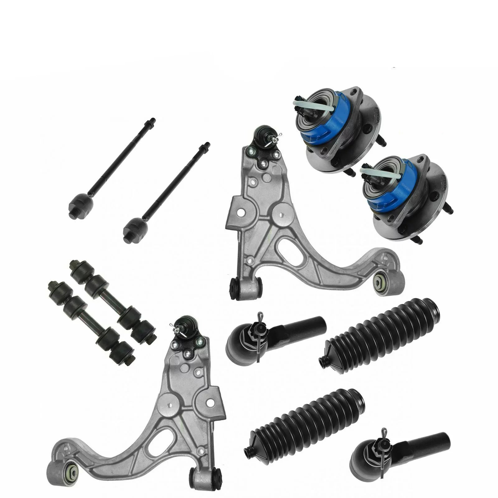 Front 12pc Steering & Suspension Kit Control Arms Sway Links Hubs Tie Rods