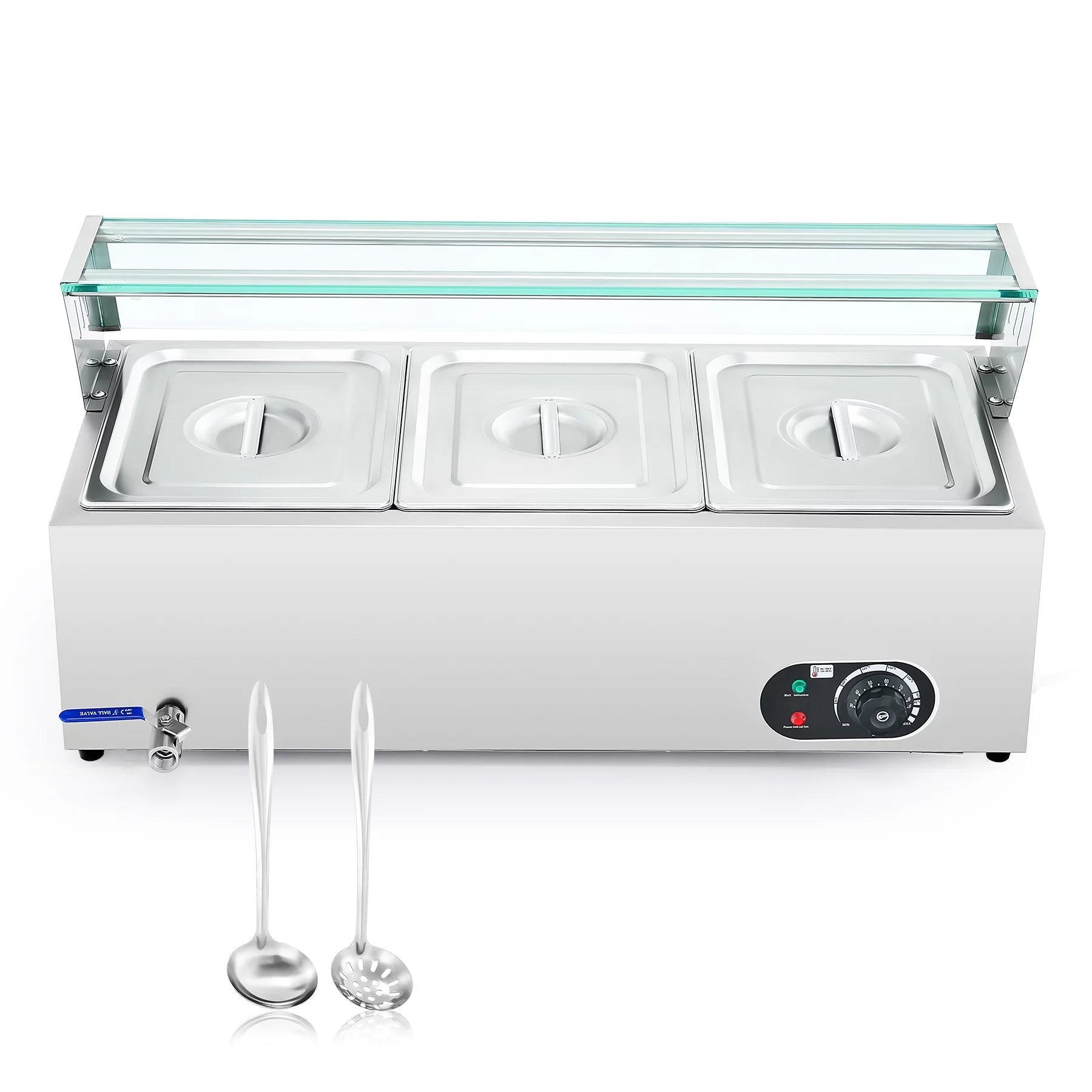 Wilprep Commercial Food Warmer w 3 Stainless Steel Pans Lids Glass Shelf Buffet Server