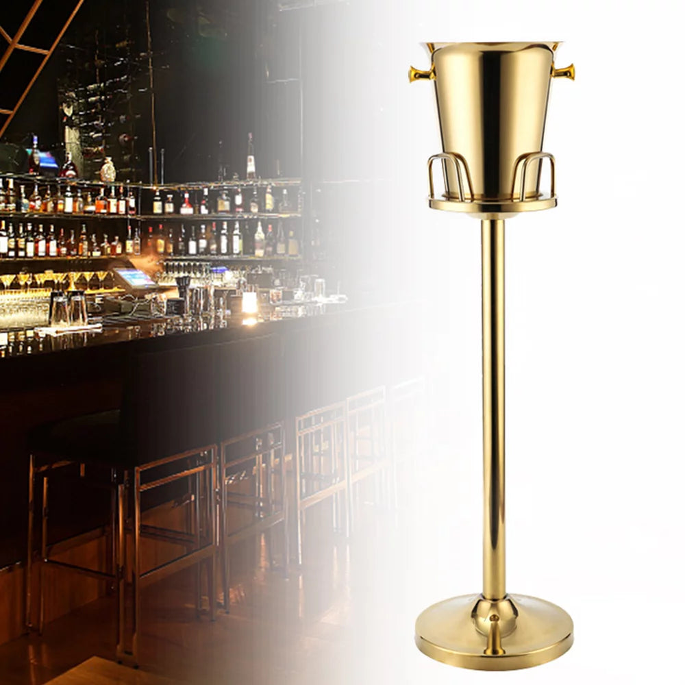 Aiqidi Stainless Steel Ice Bucket Rack Champagne Beer Drinks Pail Cooler Gold Free Standing Wine Chiller Container w/Stand for Bar