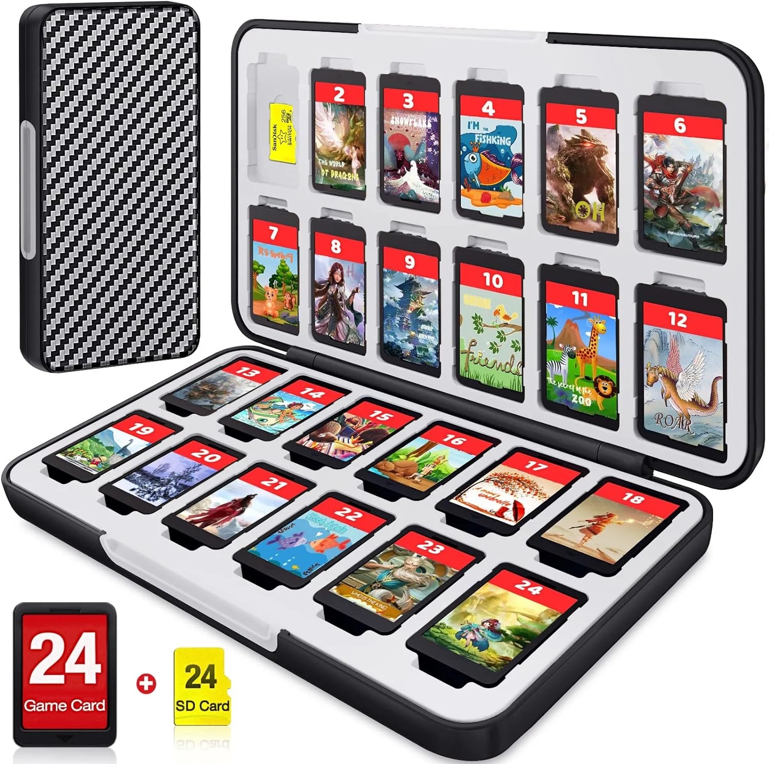 Switch Game Case for Nintendo Switch Game Card with 24 Switch Game Holder Storage and 24 Micro SD Cartridge Slots, Slim Switch Game Organizer Include Hard Shell and Soft Rubber-Grey Black