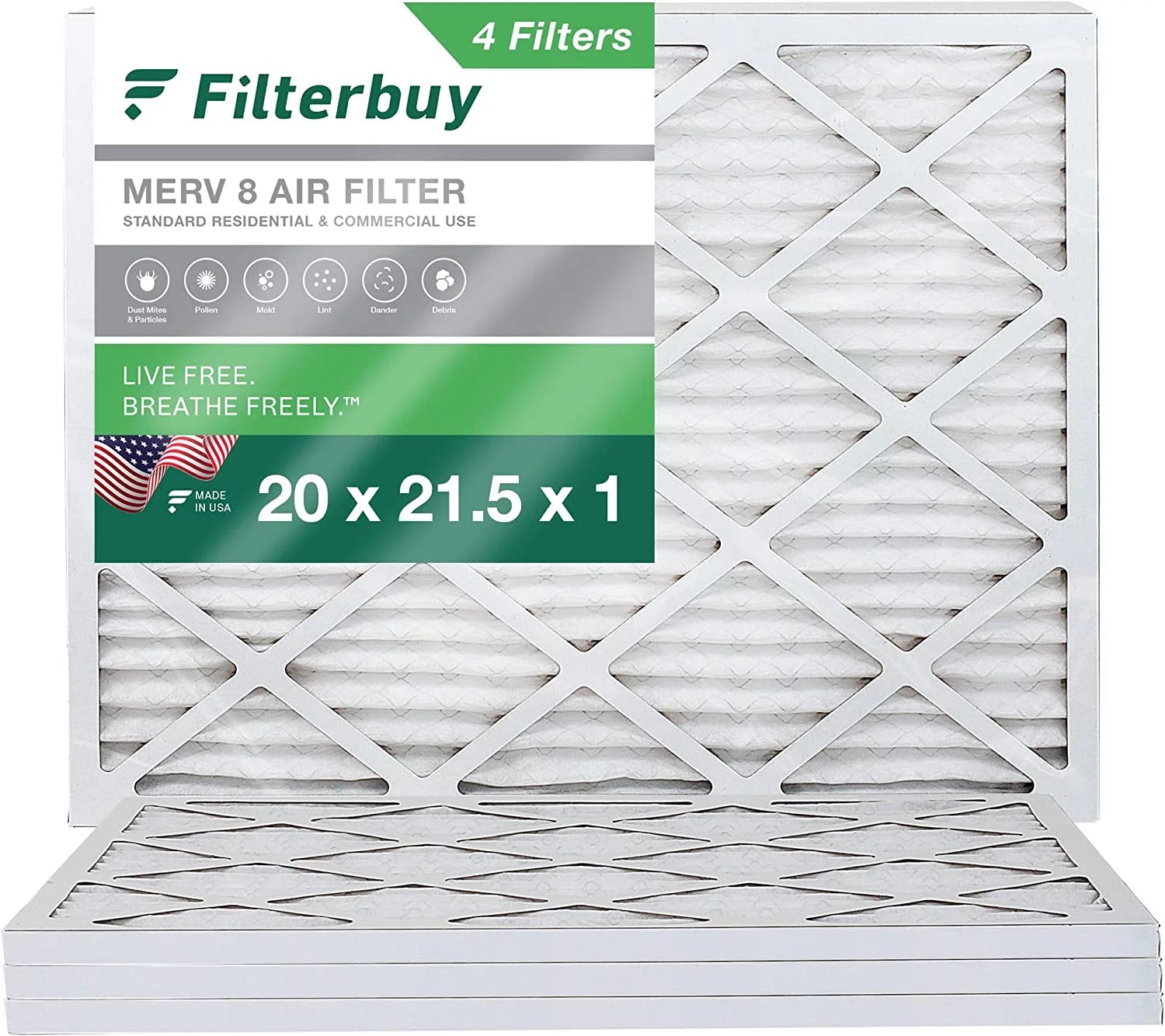 Filterbuy 20x21.5x1 MERV 8 Pleated HVAC AC Furnace Air Filters (4-Pack)