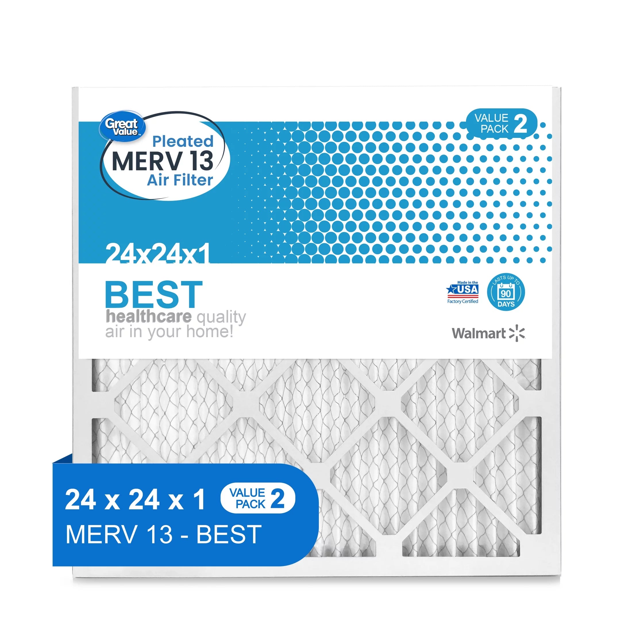 Great Value; 24x24x1; MERV 13 BEST HVAC Air and Furnance Filter; Improves Indoor Air Quality; 2 Filters