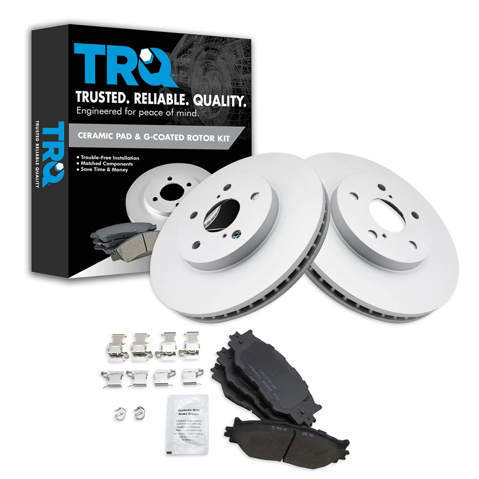 TRQ Front Ceramic Disc Brake Pad & 2 Coated Rotor Kit for 06-08 Lexus IS250 BKA23824