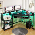 Computer Desk with Power Outlets, Corner Gaming Desk with LED Lights, Home Office Desk with Storage, Black