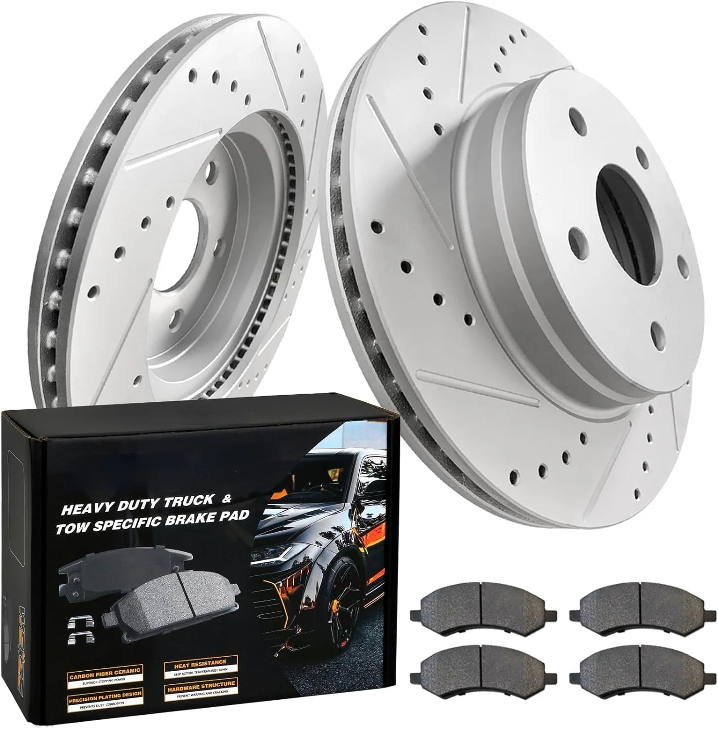 Front Truck & Tow Brake Rotors Kit, CARBON FIBER Ceramic Brake Pads & Drilled/Slotted Brake Discs, Fit for Dodge Ram 1500 2006-2018 Durango Chrysler Aspen 2007-2009