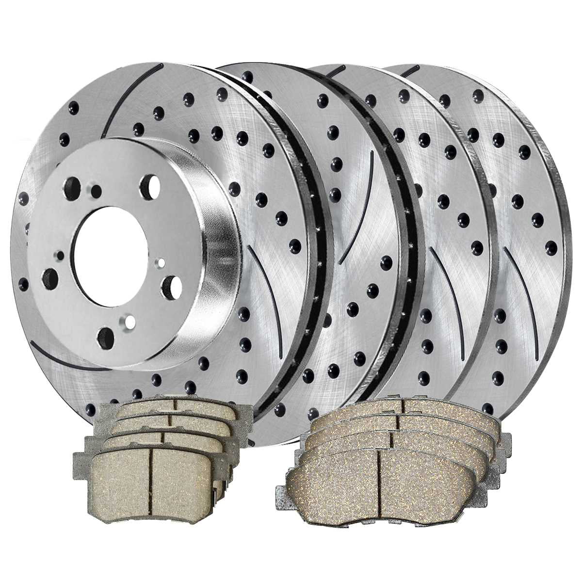 AutoShack Front and Rear Drilled Slotted Brake Rotors Silver and Performance Ceramic Pads Kit Replacement for 2006 2007 2008 2009 2010 2011 Honda Civic 1.8L FWD