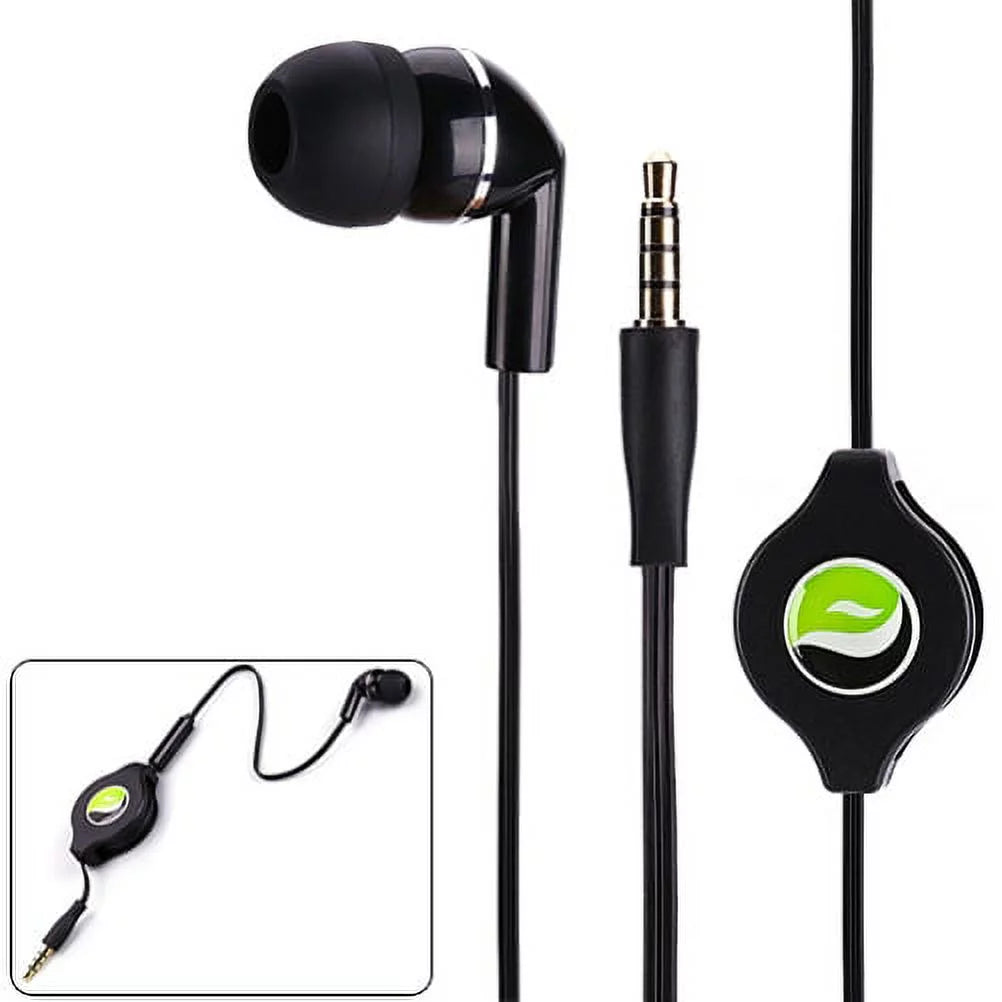 Premium Retractable Headset MONO Hands-free Earphone Mic Single Earbud Headphone Earpiece Wired 3.5mm Black Compatible With Alcatel Onyx - LG V50 ThinQ 5G, G8 ThinQ - Motorola Moto G7 Power