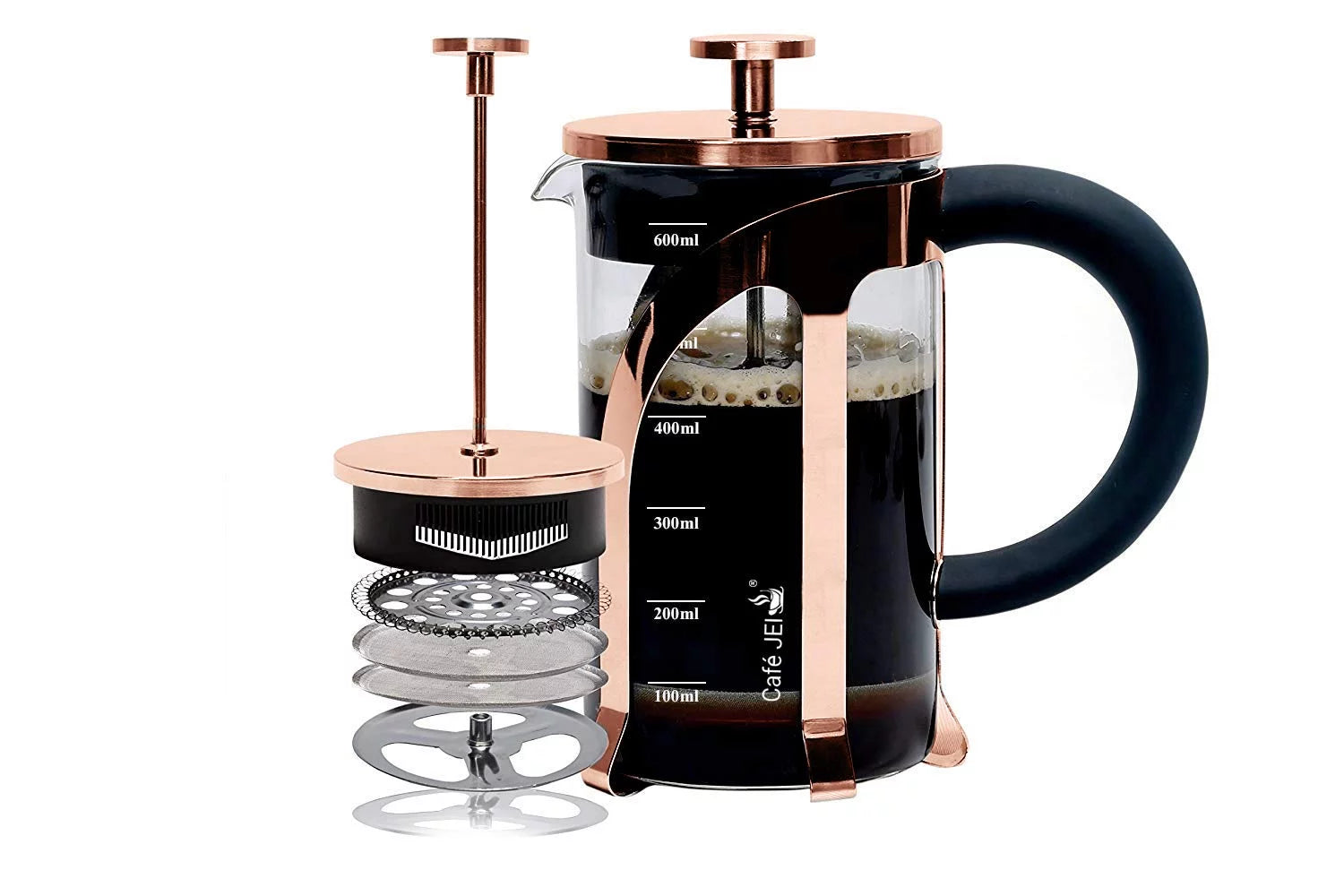 Cafe Jei French Press Coffee And Black Tea Maker 600Ml With 4 Level Filtration System, Heat Resistant Borosilicate Glass, Measuring Spoon, And Cleaning Tool (Rose Gold, 600Ml)