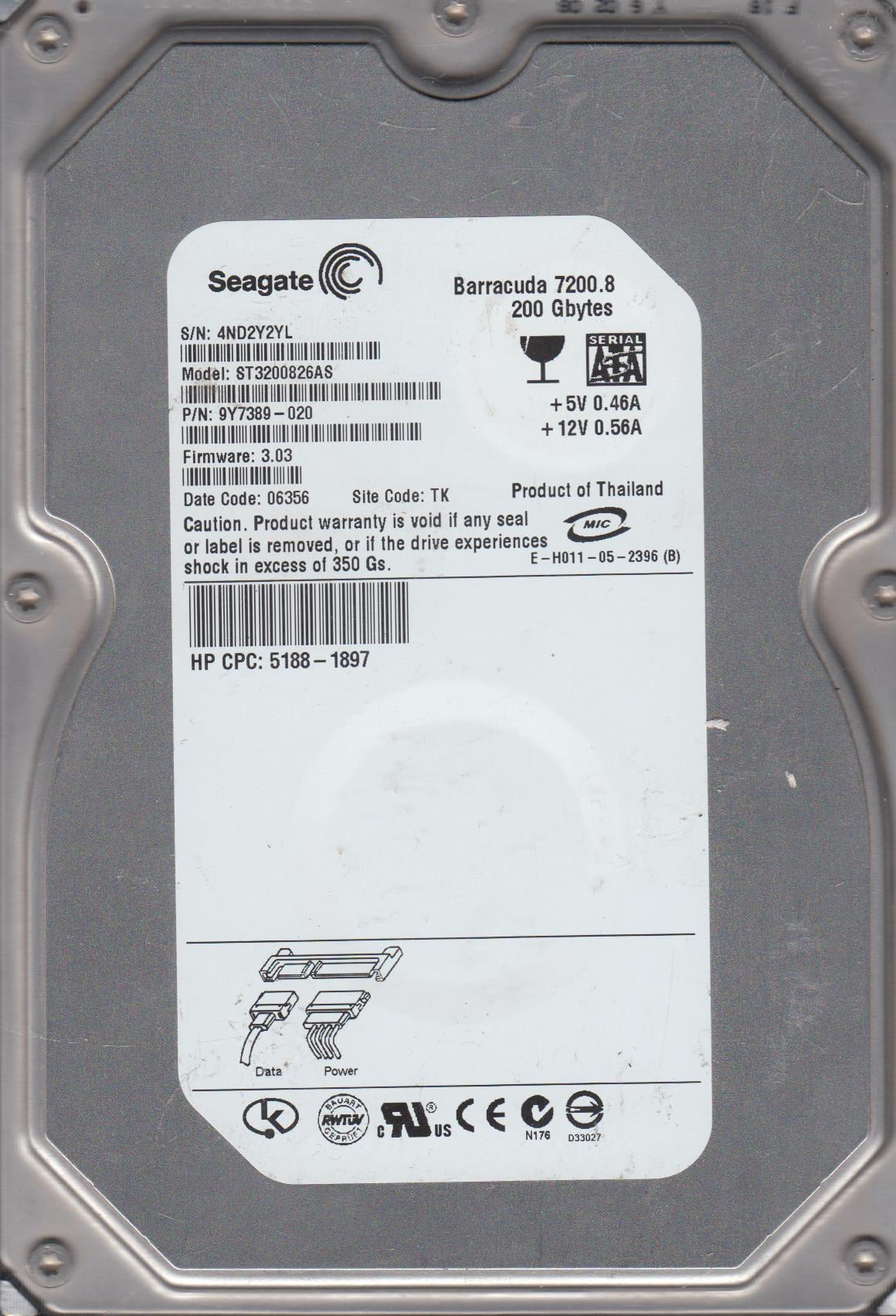 ST3200826AS, 4ND, TK, PN 9Y7389-020, FW 3.03, Seagate 200GB SATA 3.5 Hard Drive