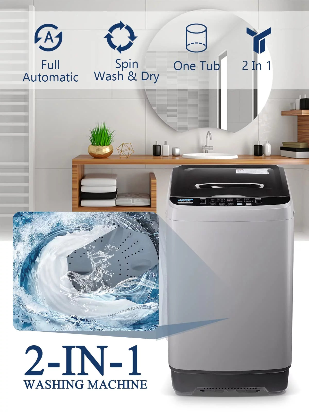 GGTB Compact Washing Machine, 17.6lbs Capacity, 1.9 Cu.ft Portable Washer with LED Display, Fully Automatic Washing Machine with Timed Settings for Apartments, Dorms, Grey