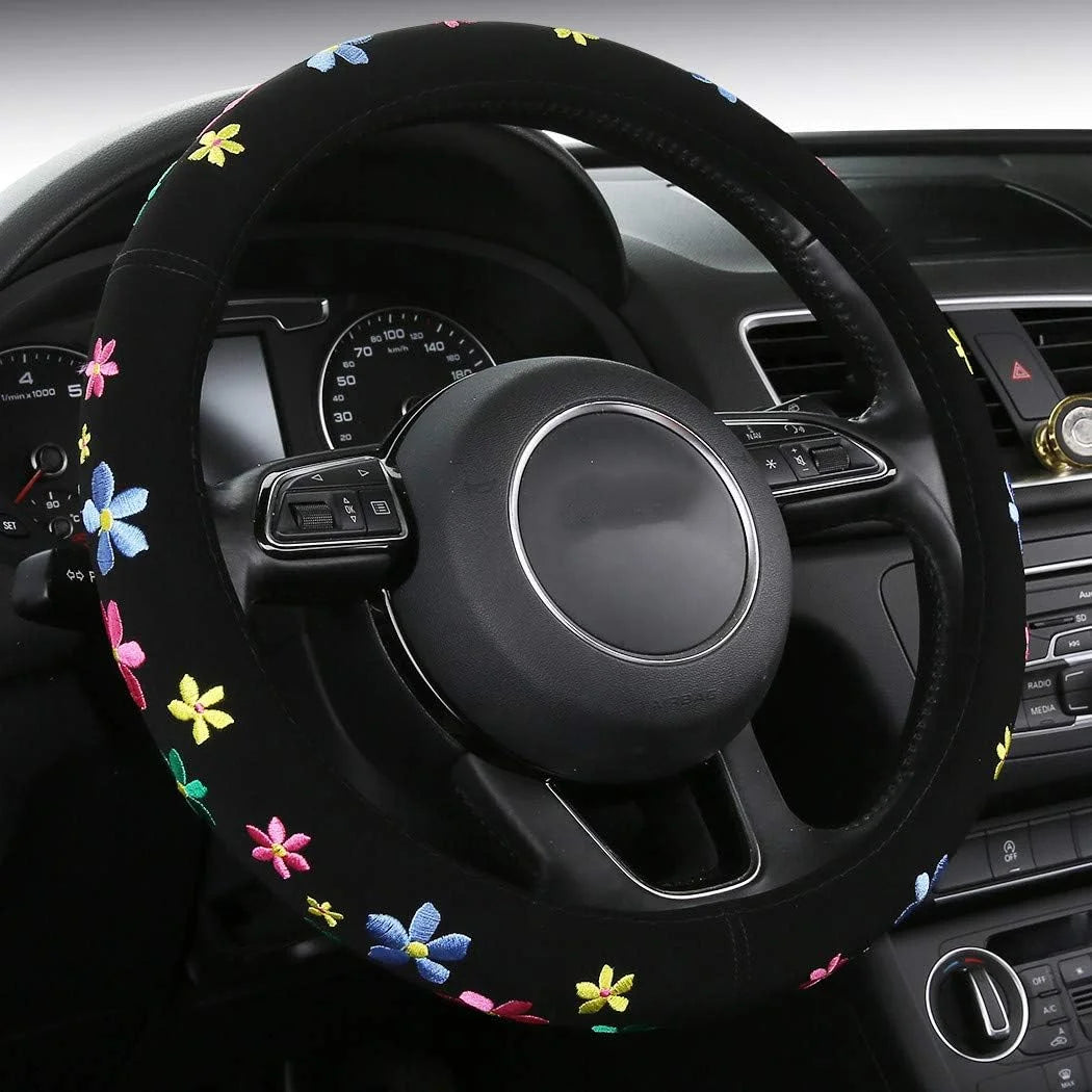Suyeah Embroidery Cute Steering Wheel Cover-Deluxe Floral Car Decor,Anti-Slip,Sweat Absorption,Universal 15 inch (floral1)