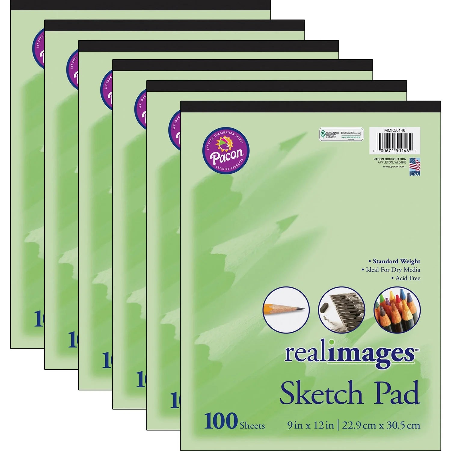 Real Images Sketch Pad, Standard Weight, 9 x 12, 100 Sheets, Pack of 6