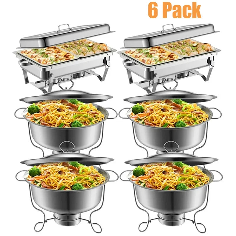 Famistar 6 Pcs Catering Buffet Server and Food Warmer Set for Party, Stainless Steel Buffet Warmer Set, 4 Round Chafing Dish + 2 Rectangular Chafers(8 Quart) with Fuel Holder & Water Pan & Food Pan