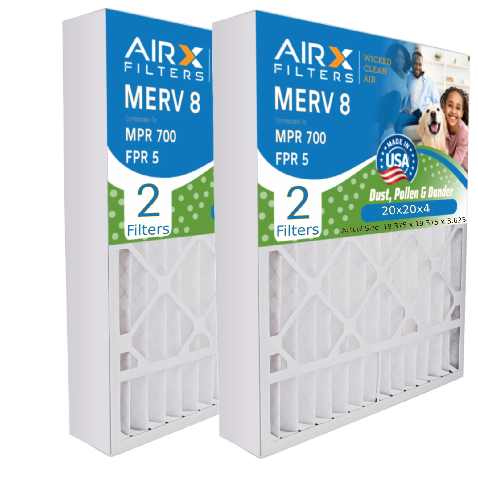 20x20x4 Air Filter MERV 8 Comparable to MPR 700 & FPR 5 Premium USA Made 20x20x4 Furnace Filter 2 Pack AC HVAC Filters by AIRX FILTERS WICKED CLEAN AIR.
