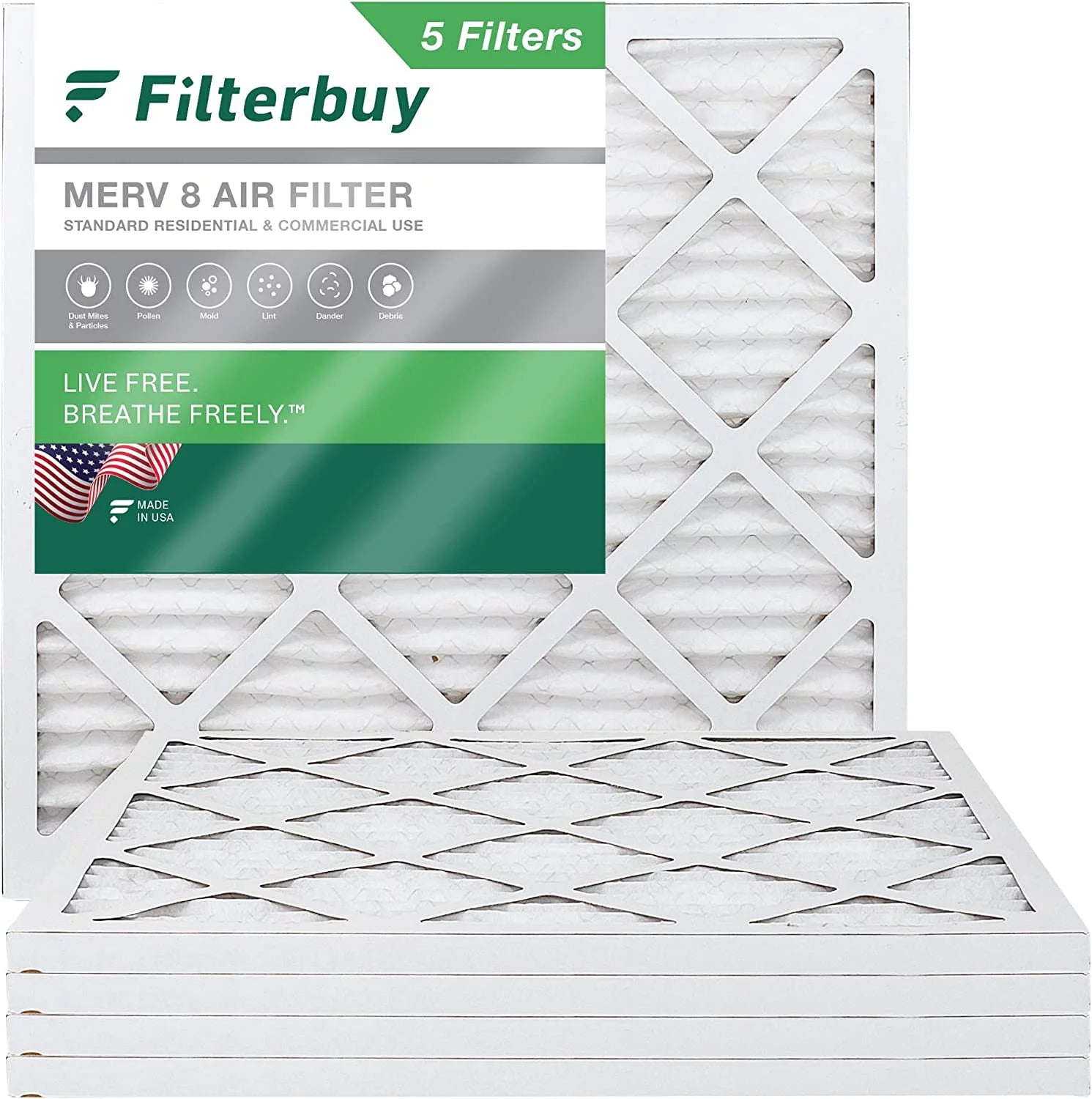 Filterbuy 10x10x1 MERV 8 Pleated HVAC AC Furnace Air Filters (5-Pack)