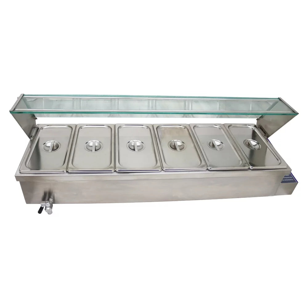 PreAsion 6-Pan Food Warmer Stove Bain-marie Commercial Canteen Buffet Steam Heater Table with Glass Guard