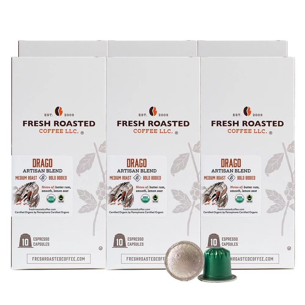 6 boxes Fresh Roasted Coffee Espresso Pods for Nespresso OriginalLine  Organic Drago 10 ct