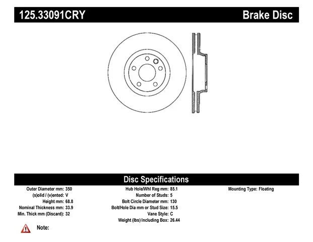 Centric Parts Disc Brake Rotor P/N:125.33091 Fits select: 2007-2015 AUDI Q7, 2008-2018 PORSCHE CAYENNE