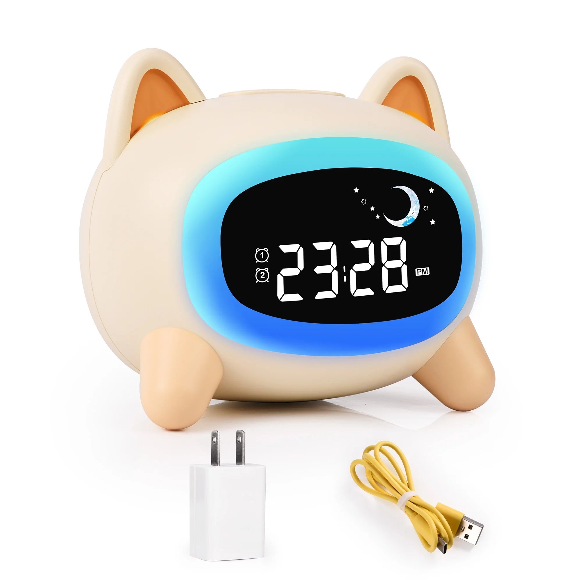 Sun & Moon Rise Children's Sleep Trainer Clock,Digital Alarm Clock w/Wake Up Light,5 Colors Night Light and Sleep&Alarm Sounds for Kids,Teach Kids Day&Night,Battery Operated Digital Clock USB Charger