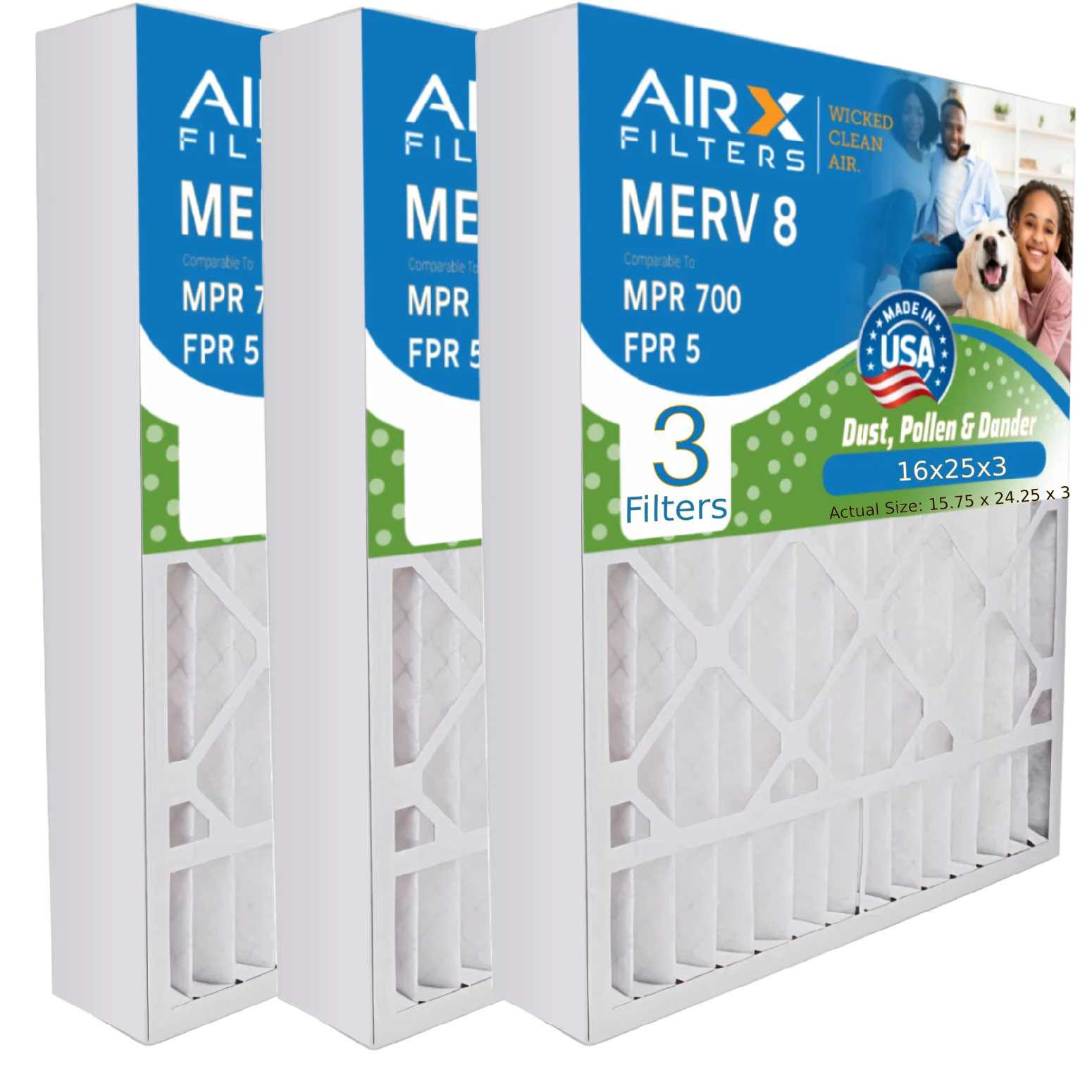 16x25x3 Air Filter MERV 8 Comparable to MPR 700 & FPR 5 Compatible with White-Rodgers FR1200TM-100 Premium USA Made 16x25x3 Furnace Filter 3 Pack by AIRX FILTERS WICKED CLEAN AIR.